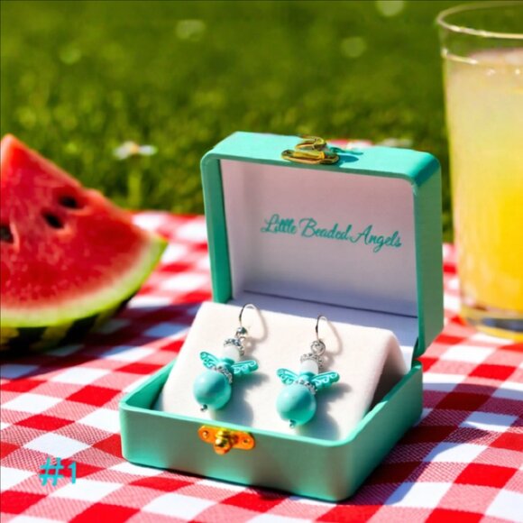 Handmade! Aqua Painted Patina Angel Earrings! Love & Blessings 4 Adults or Girls - Picture 5 of 9